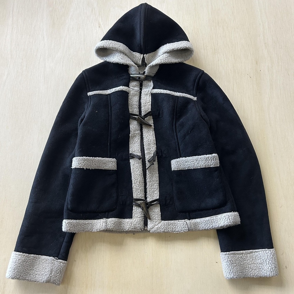 Y2K Cappuccino Jeans Jacket Womens Small Black‎ Hooded Toggle Fleece Lined Short